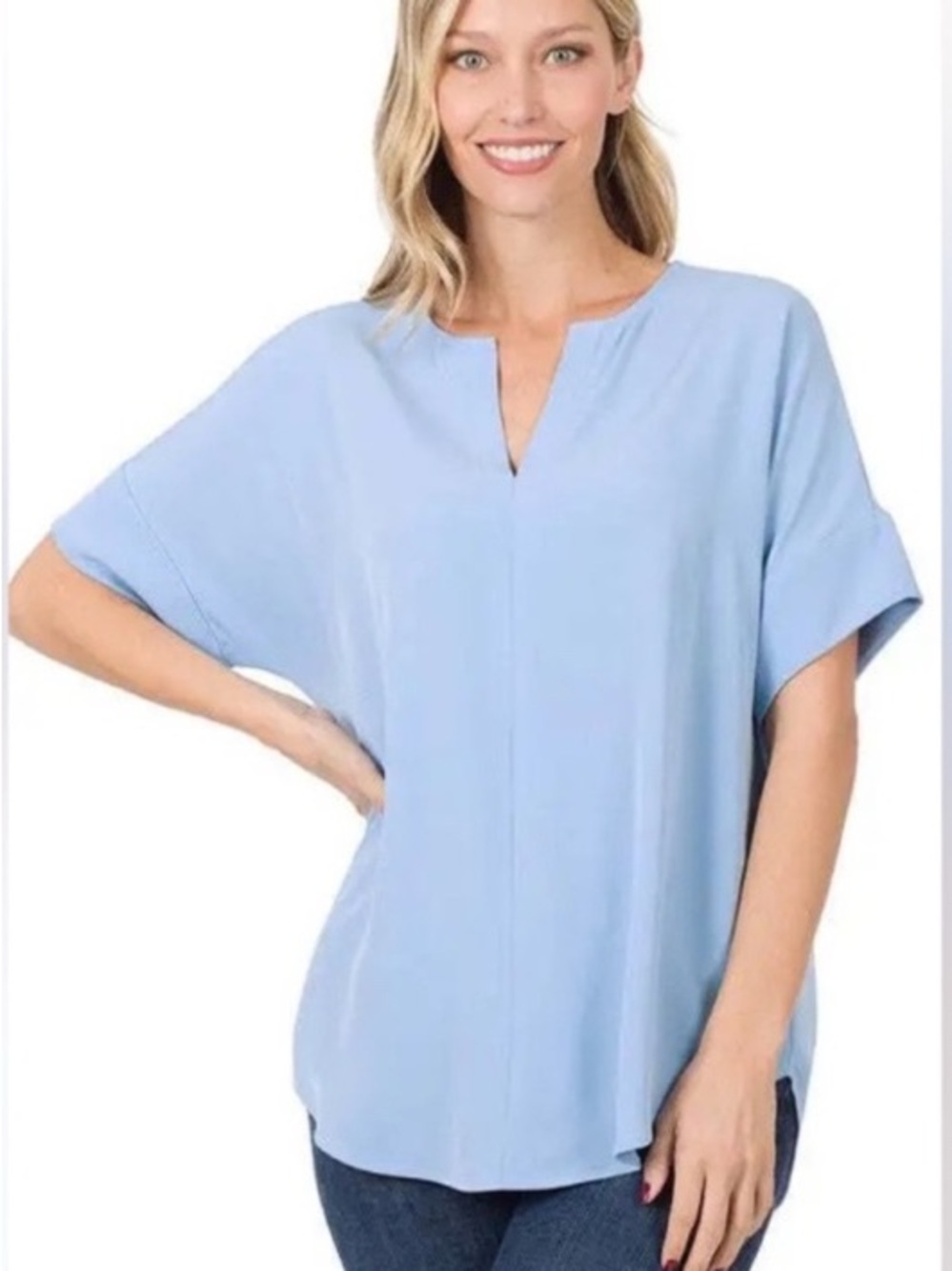 Zenana Outfitters Spring Blue V-Neck Short Sleeve Tunic